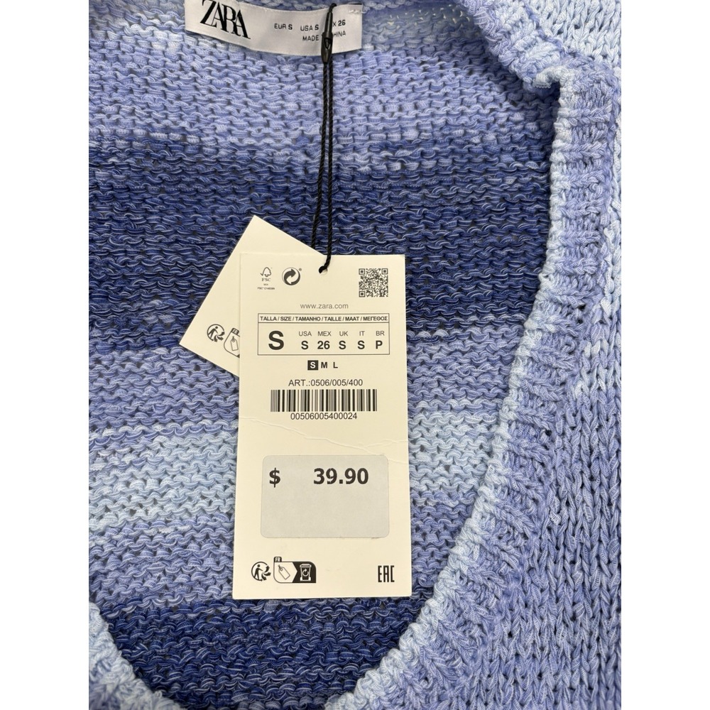 NWT ZARA Knit Tank Top Crochet Blue Striped Sleeveless Size S Sweater Vest - Picture 3 of 8